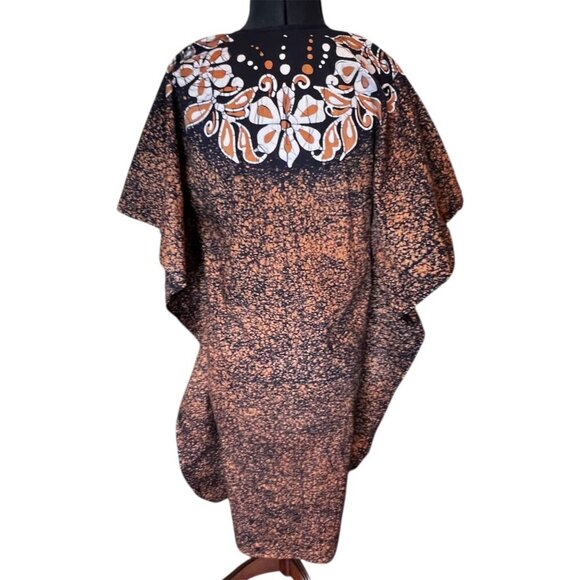 Handmade Navy & Peach Batik Kaftan Dress With Floral Patterns & Tie Neckline S - Picture 4 of 8